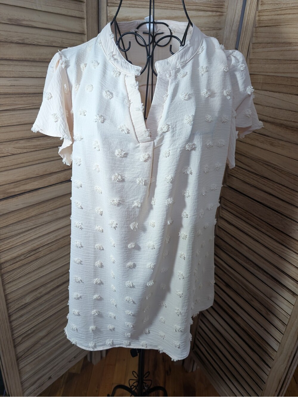 Blouse Swiss Dot Women Short Sleeve Tops Dress Casual Medium Cream